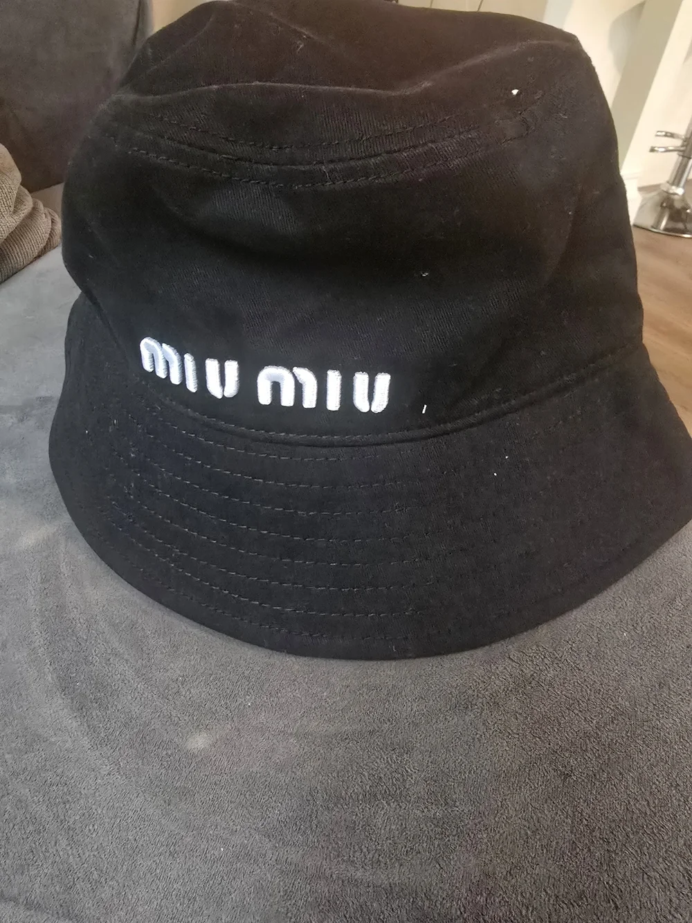 Miu Miu Black Bucket Hat with White Embroidered Logo